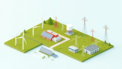 Isometric illustration shows eco power plant with renewable energy sources like wind turbines, solar panels generating electricity. Electric power distributed through high voltage electric grid.