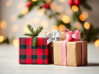 Christmas Gift Boxes with Red Plaid and Ribbon Decorations on Festive Background

