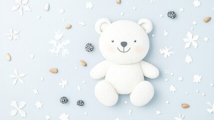 Obraz premium Adorable bear-themed dry yogurt art with snowflakes and berries on light background