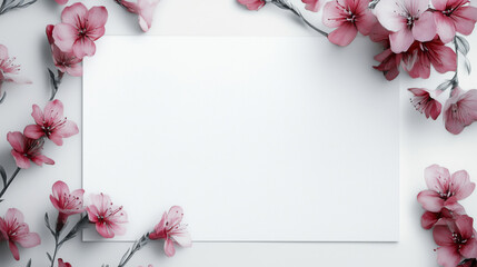 Obraz premium Blank white card surrounded by pink cherry blossoms. Floral template with copy space for design and text. 