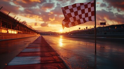 Finish flag waving triumphantly at the end of a racetrack, with a sunset backdrop