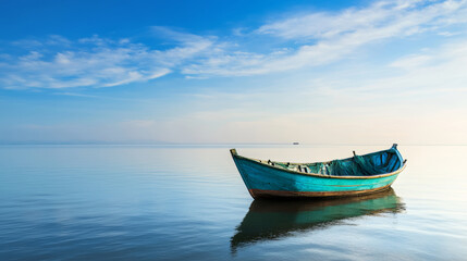 Naklejka premium Weathered wooden fishing vessel resting alongside tangled fishing net, bathed in soft dawn light