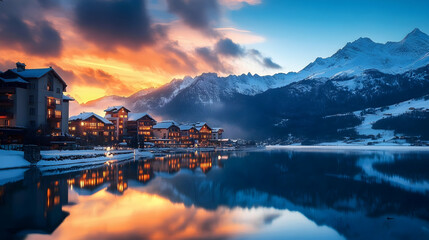 Fototapeta premium Luxury alpine resort reflecting on a tranquil lake at sunset, surrounded by snowy mountains -