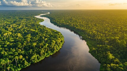 Fototapeta premium Aerial view of a meandering river flowing through a lush green rainforest at sunset.