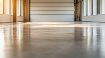 Obraz premium Bright sunlight reflecting off smooth concrete floor, illuminating minimalist warehouse interior with white walls and expansive windows