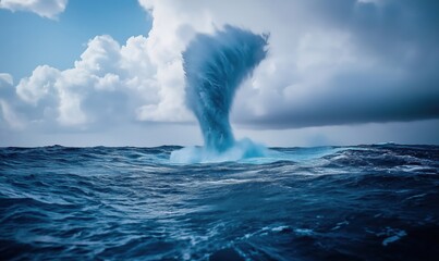 Ocean water spout phenomenon, dramatic swirling water column, turbulent sea, cloudy sky, dynamic natural event