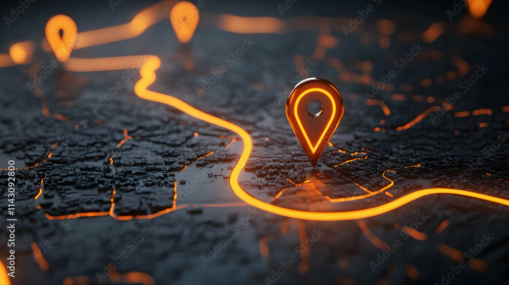 Poster map with glowing location pins and an orange path line on it -