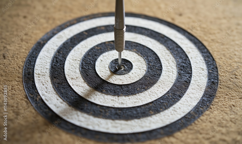 Poster dart hitting bullseye, precision and focus, circular target with concentric rings, sharp dart embedd