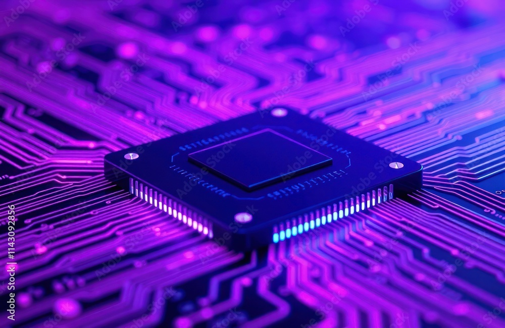 Poster close-up tech illustration of computer chip. modern digital design on circuit board. purple, blue gl