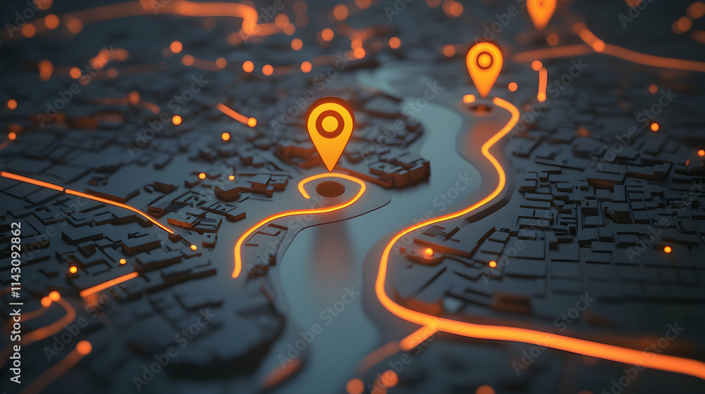 Poster map with glowing location pins and an orange path line on it -