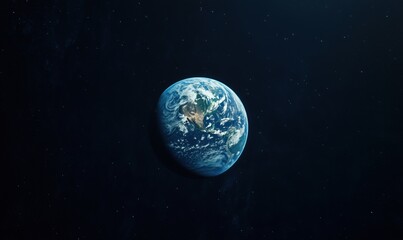 Fototapeta premium Earth from space, vibrant blue planet, swirling clouds, visible continents, surrounded by stars, deep black background