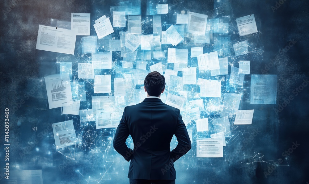 Aufkleber data analysis and decision-making process, businessman analyzing floating documents, digital interfa