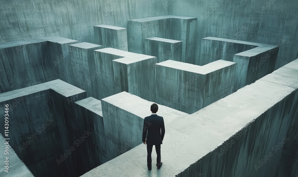 Poster man standing at edge of maze, contemplating choices in a surreal environment. concrete walls create 