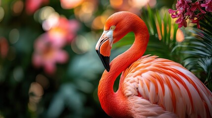 Fototapeta premium Flamingo preening its feathers against a backdrop of tropical flowers