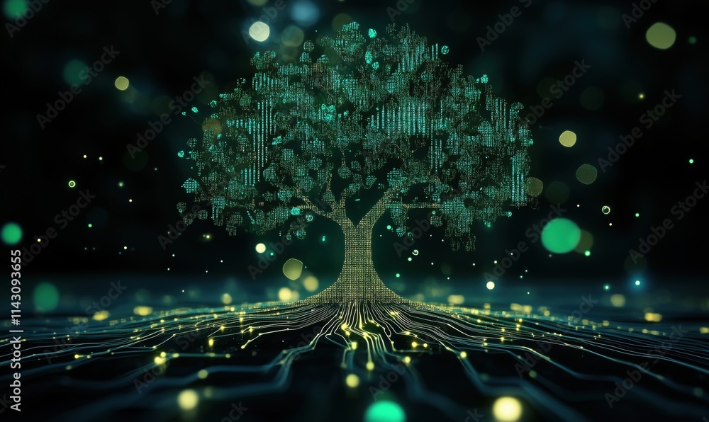 Poster digital tree with glowing roots and binary leaves, representing technology and nature fusion. abstra