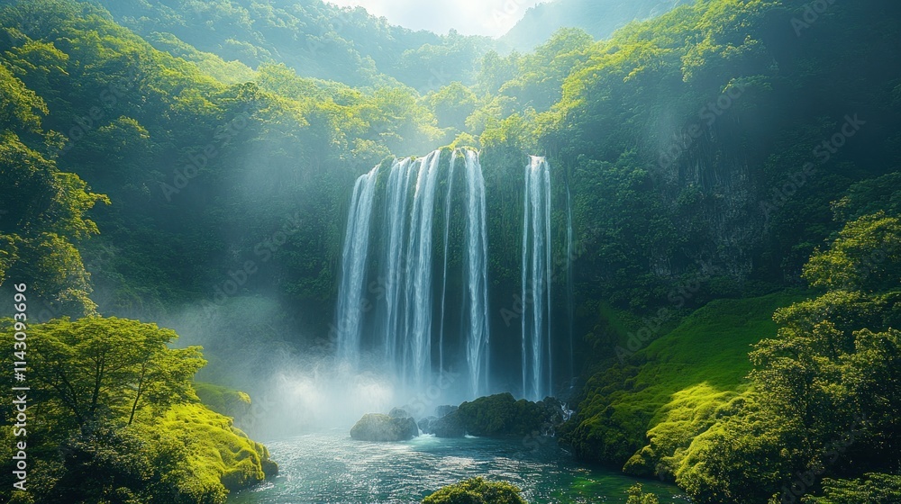 Poster Sunlit waterfall cascading down lush green cliffs into a pool.