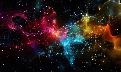 Colorful cosmic abstract art with stars and nebulae, vibrant hues of pink, blue, yellow, and orange, intricate patterns resembling galaxies and connections