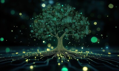 Digital tree with glowing roots and binary leaves, representing technology and nature fusion. Abstract background with bokeh lights.