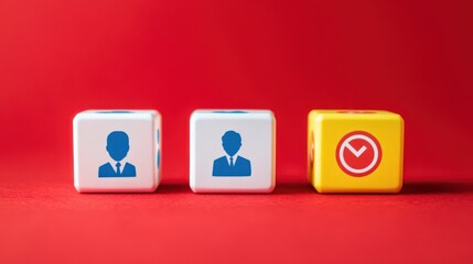 Three white and yellow cubes with person and checkmark icons on red background.