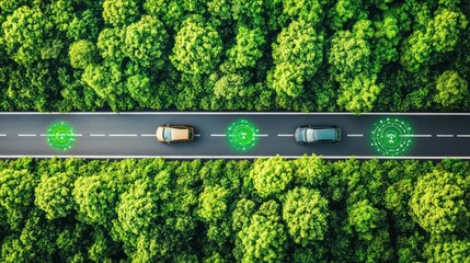 Aerial view of two cars driving on a road through a forest, illustrating autonomous driving and environmental awareness.