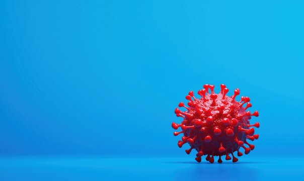 Virus model on blue background, 3D rendering, depicting COVID-19 structure, red color, spherical shape, spikes, scientific representation