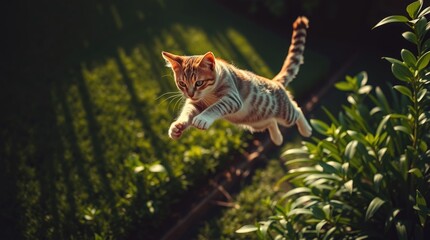 Obraz premium A lively tabby cat energetically jumps across the garden, filled with lush green plants and illuminated by warm sunlight. Its playful spirit is captured in mid-air