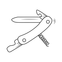 Vector illustration of a knife with multiple tools, including a blade, corkscrew, and bottle opener. Simple black and white sketch, ideal for icons, logos, and outdoor-themed designs.