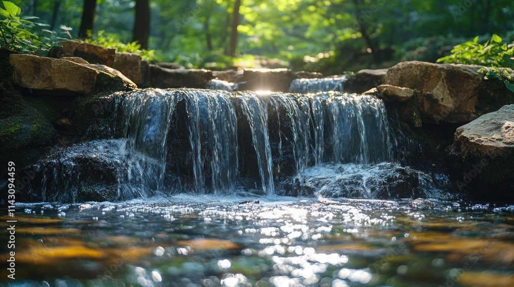Poster serene waterfall cascading over rocks in a lush forest, sunlight filtering through trees.