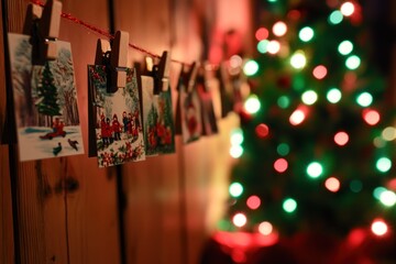Christmas Cards Hanging on a String with a Blurred Christmas Tree in the Background