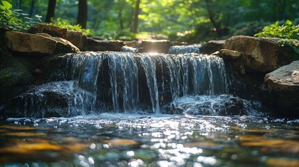 Obraz premium Serene waterfall cascading over rocks in a lush forest, sunlight filtering through trees.