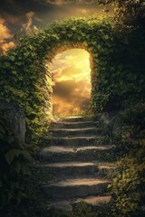 Obraz premium Stone steps ascend to vine-covered arch, light shines through.