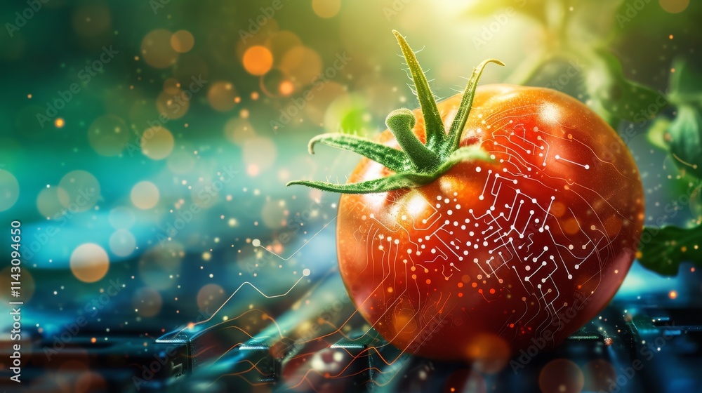 Poster a close-up of a ripe tomato integrated with digital circuitry patterns, blending nature and technolo