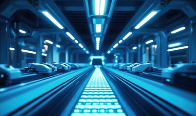 Fototapeta premium Futuristic conveyor system with glowing lights and vehicles
