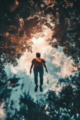 Obraz premium Person reflected, sky, trees, water, upside-down.