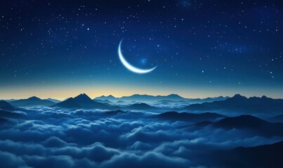 Fototapeta premium Moonlit night sky over mountains and clouds, serene landscape with stars, deep blue hues, tranquil atmosphere