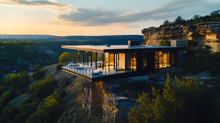 Modern glass house perched on clifftop at sunset.