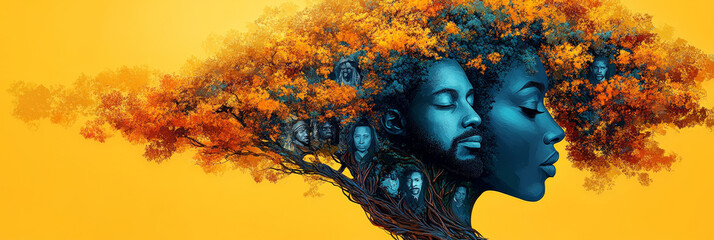 A conceptual illustration of a tree symbolizing African heritage, featuring human faces in vibrant orange and blue tones on a yellow background.