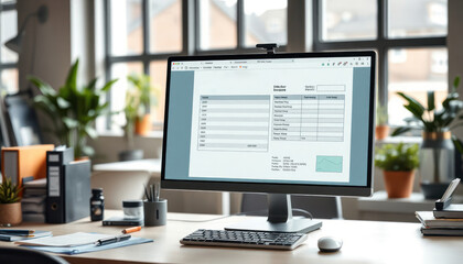 Modern office setting shows person working on computer. Tax forms, invoice software displayed on desktop monitor. Organized desk with tech gadgets. Person likely financial planning budget management.