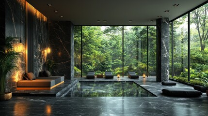 Luxurious indoor pool & spa with dark marble, forest view, and lounge seating.