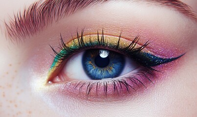 Vibrant eye makeup with colorful eyeliner and glitter, showcasing blue eye with yellow, green, and purple accents, detailed eyelashes and freckles