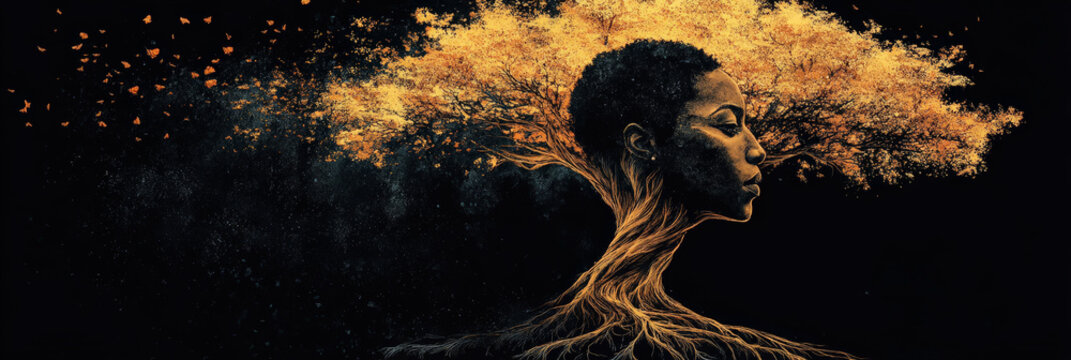 Conceptual artwork of an African woman&rsquo;s profile blending into a tree, symbolizing roots, identity, and growth, against a dark background with golden accents.