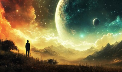 Fototapeta premium Cosmic landscape with figure gazing at planets and stars, vibrant colors, surreal atmosphere, majestic mountains, otherworldly scenery