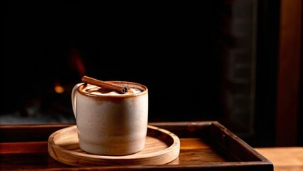 Cozy cinnamon hot chocolate in rustic mug by the fireplace