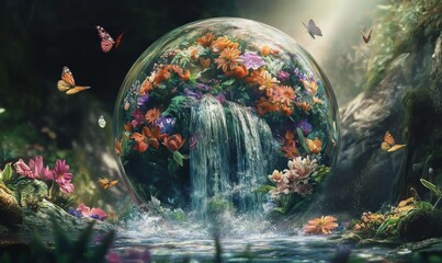 A spherical crystal with many flowers and a waterfall with flying butterflies inside.