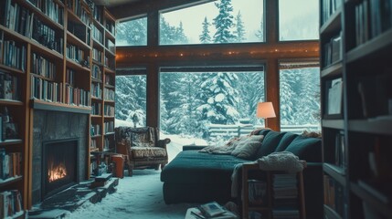 Cozy cabin library with fireplace, snow scene, and large windows.