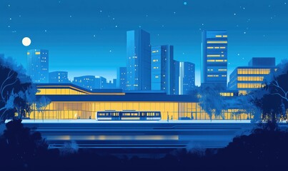 Urban night scene with illuminated buildings, train station, and city skyline