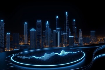 Futuristic Cityscape with Digital Holographic Chart Display Overlooking Illuminated Skyscrapers at Night. Concept of Advanced Technology and Smart Urban Analytics. AI generated