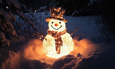 Illuminated snowman decoration in winter landscape, glowing warmly in snow, surrounded by trees, festive atmosphere