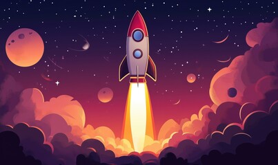 Obraz premium Rocket launch into space, vibrant colors, cosmic background, planets, stars, clouds, adventure, exploration