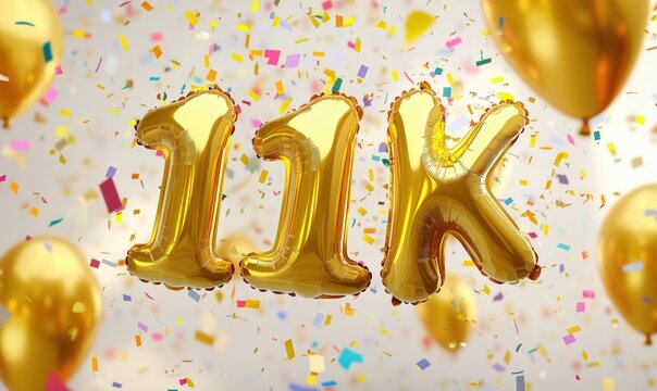 11K celebration with golden balloons and confetti, festive atmosphere, party decorations, vibrant colors